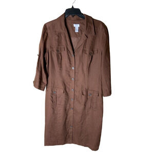 Maggy Address 100% Linen Vintage Midi Dress Womens Size 14 Front Buttons Pockets